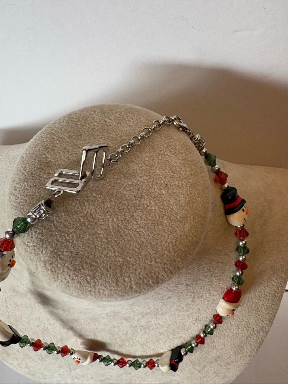 Christmas Snowman Necklace Red Green Holiday Beaded Necklace Winter Jewelry